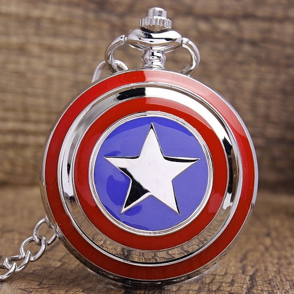 Captain America Pocket Watch Marvel Gift NEW Shield Necklace Jewelry - Picture 2 of 6